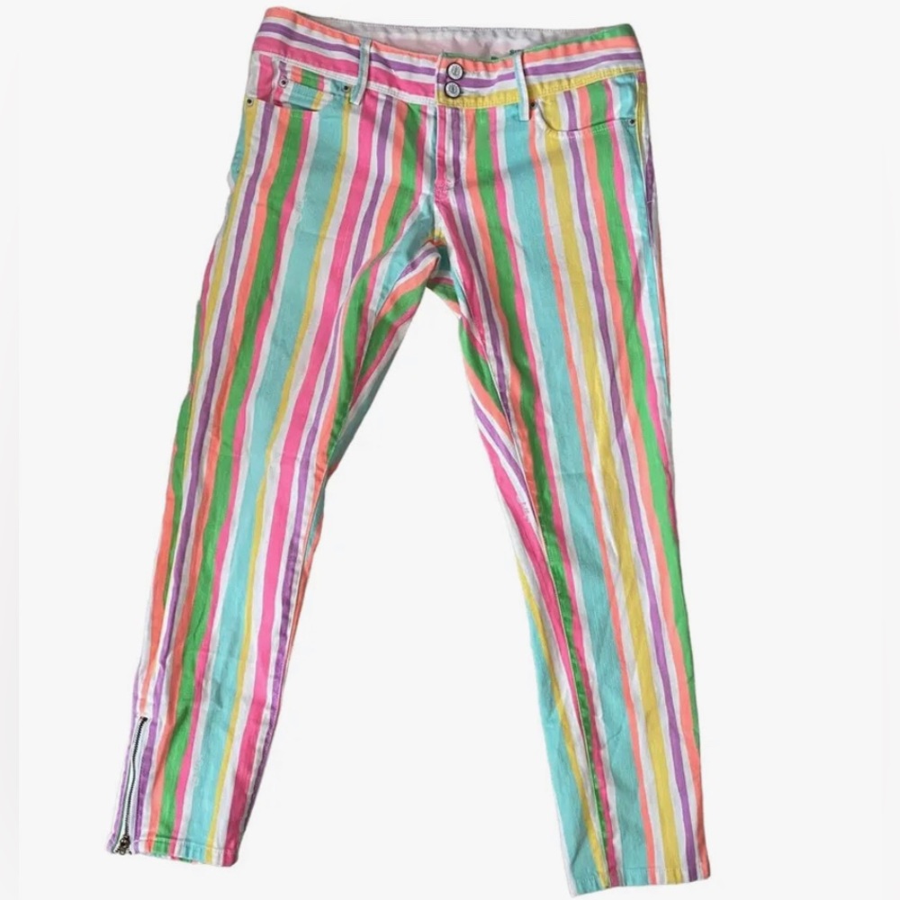 🦩💕 Lilly Pulitzer Worth Skinny Mini Spicy Striped Cropped Jeans 0